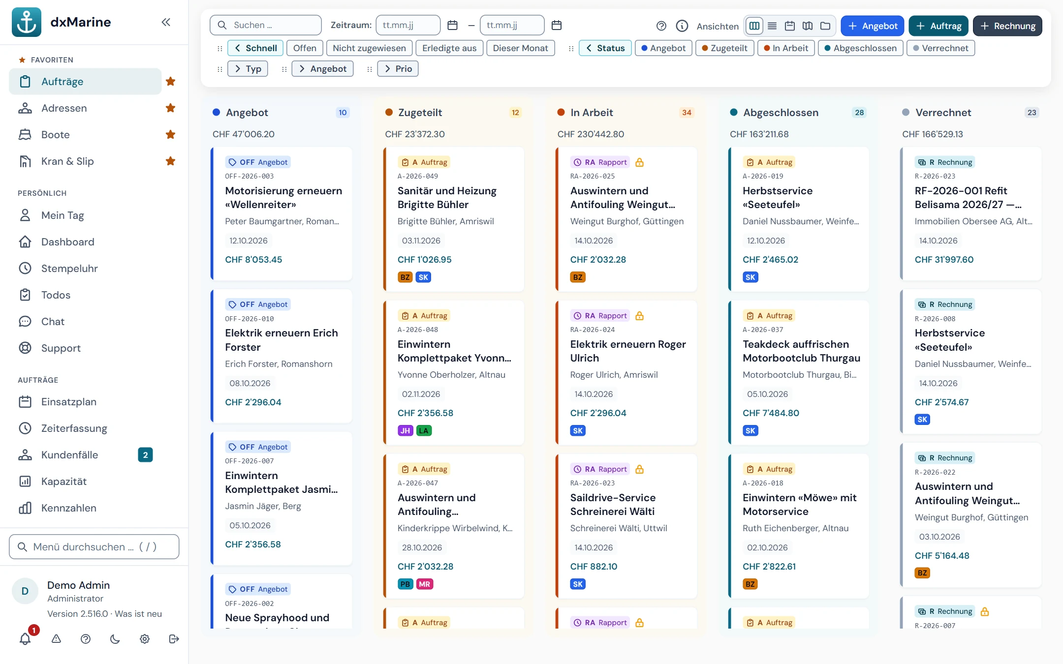Auftragsübersicht als Kanban nach Status