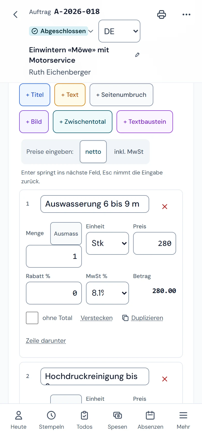 Positionen eines Auftrags als Karten am Handy