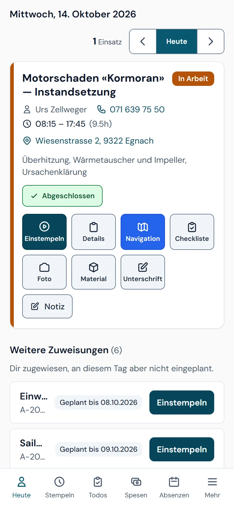 Auftrag mit Positionen und Rapport am Handy