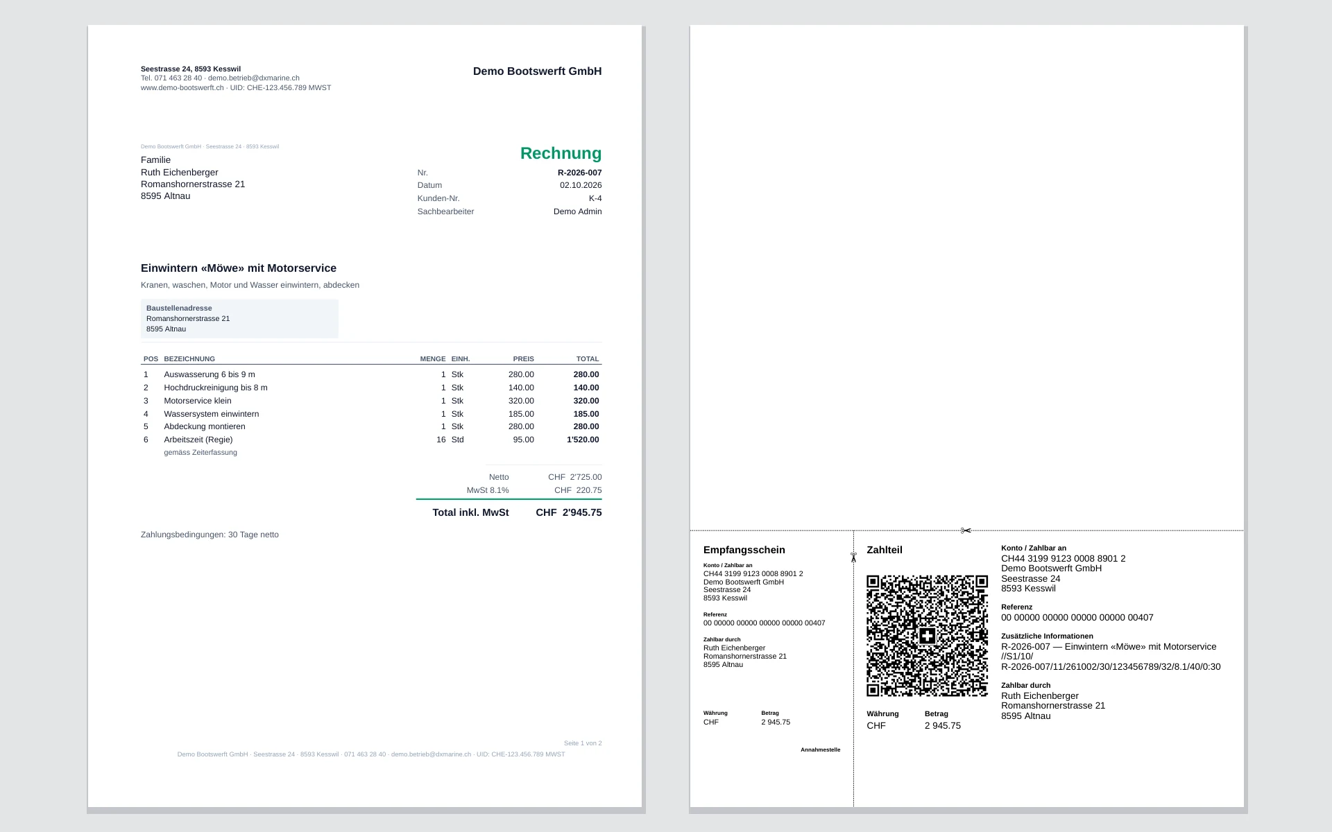 Rechnung als PDF mit Schweizer QR-Zahlteil und Empfangsschein